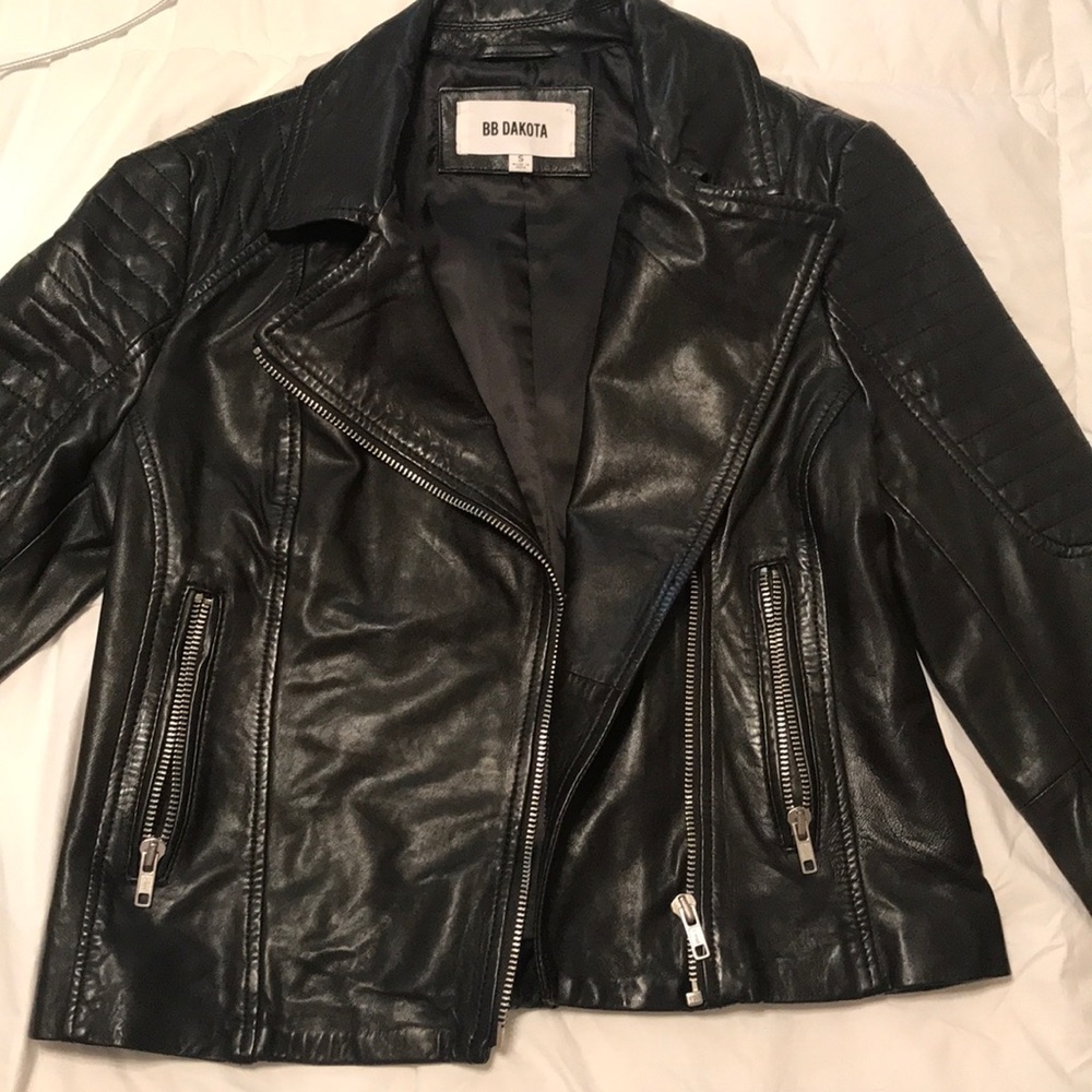Leather side zip motto jacket, size small